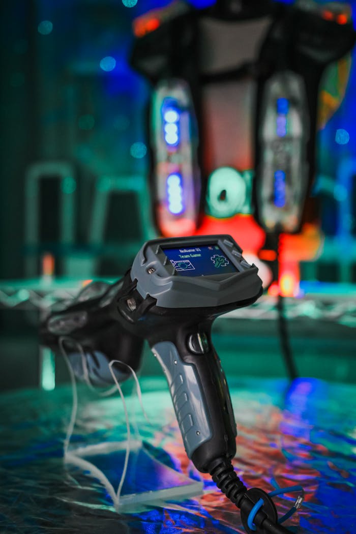 Detailed view of futuristic laser tag controller with glowing vest in background.